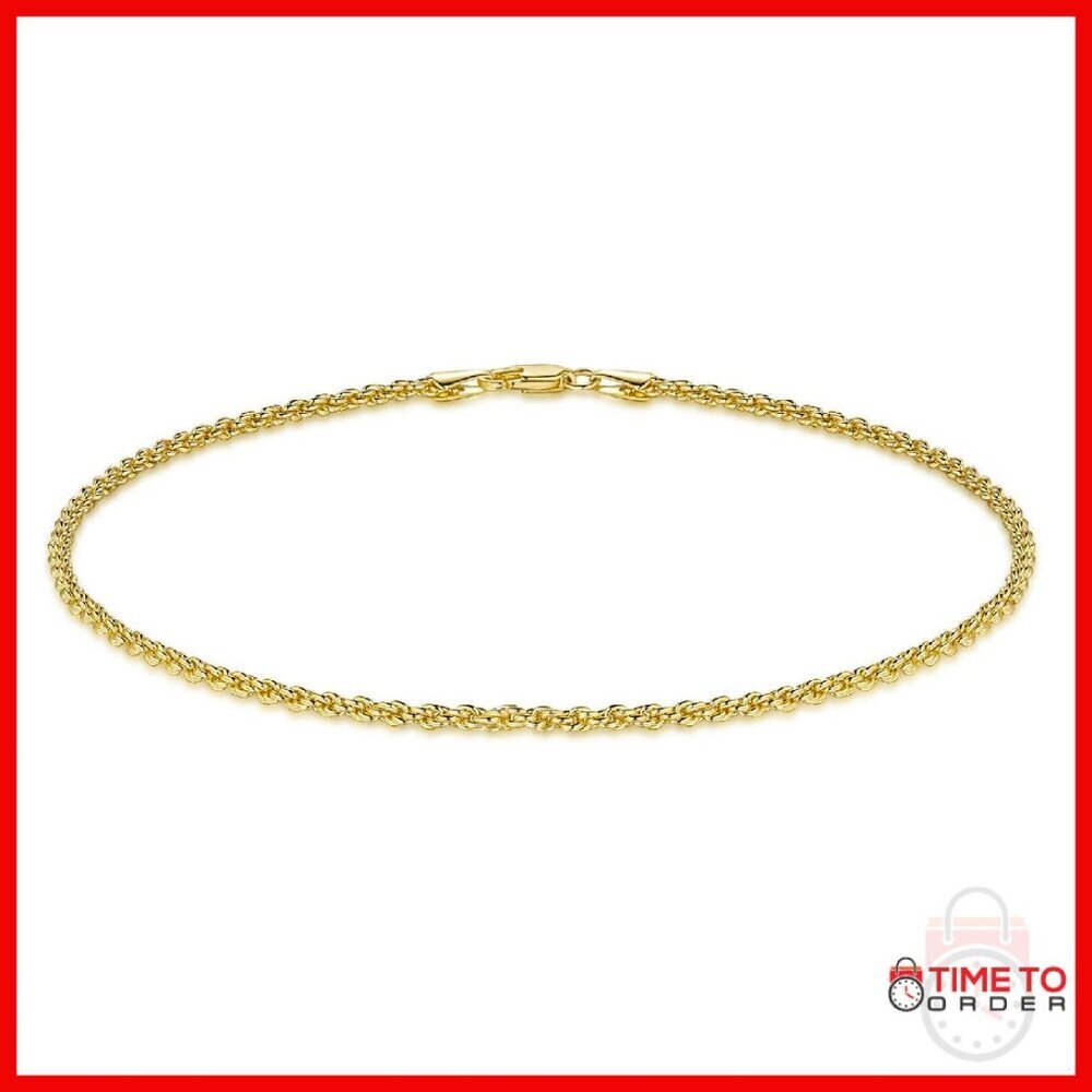 14K Gold Plated Rope Chain Ankle Bracelet 2mm Thin Unisex 9/10/11in
